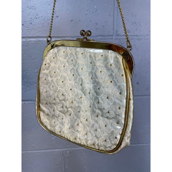 Vintage 1960s Floral Brocade Handbag Plastic Covered Kiss Lock Clasp Small Bag - Picture 1 of 10